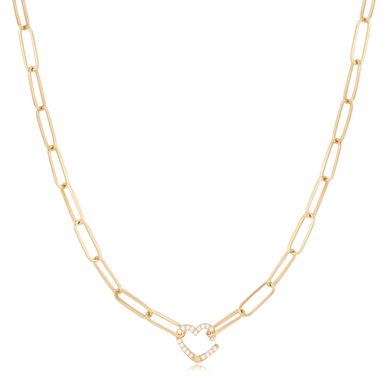 Diamond Heart with Paperclip Chain Necklace in Solid Gold