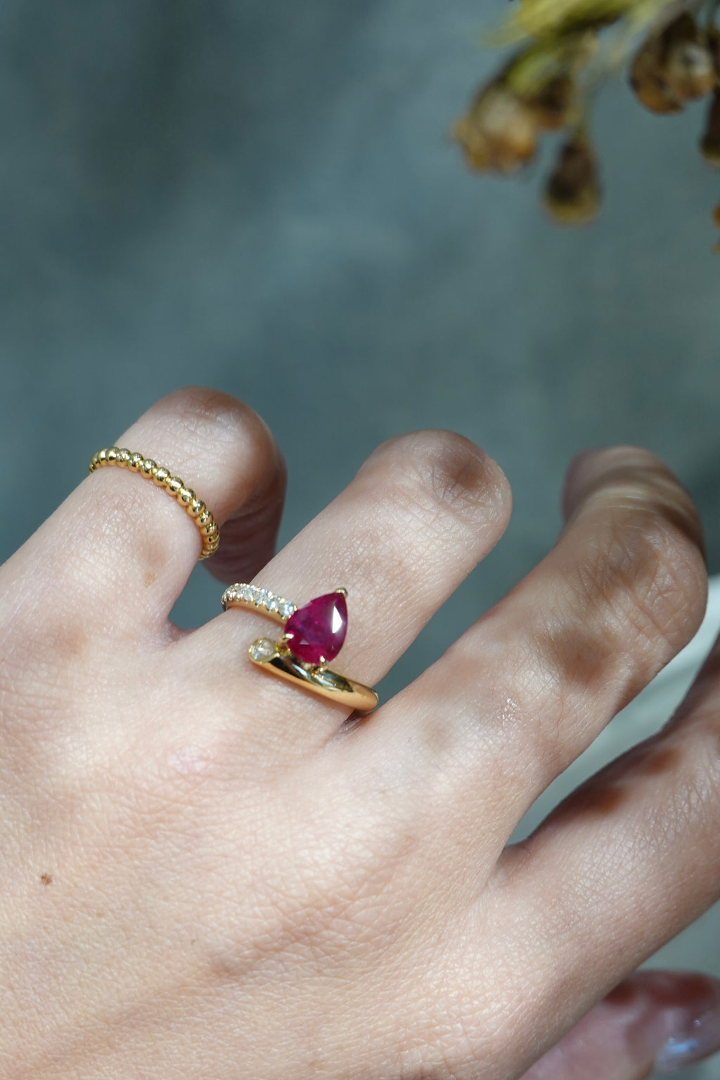 18K Yellow Gold Ruby Ring with Diamonds