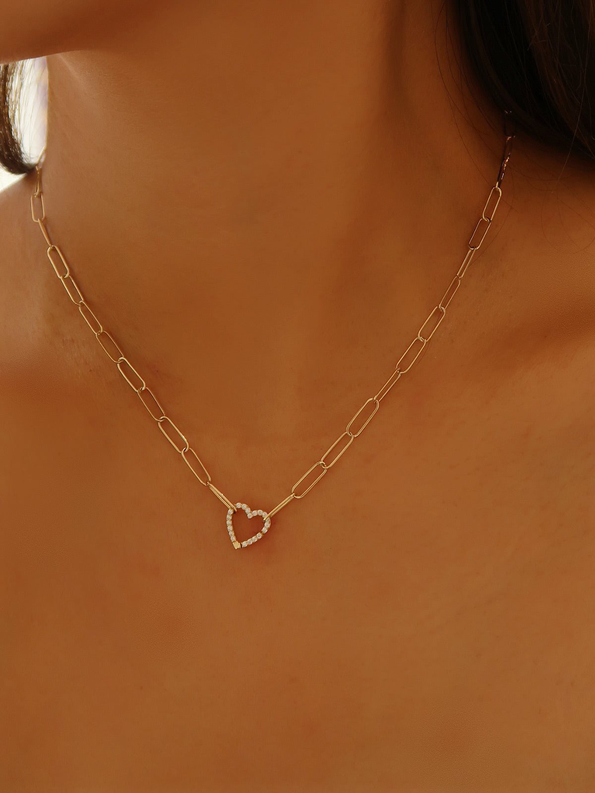 Diamond Heart with Paperclip Chain Necklace in Solid Gold