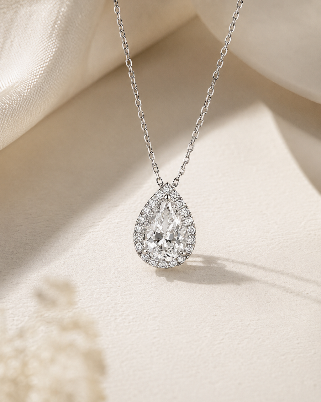 Lumiere Pear Halo Diamond Necklace