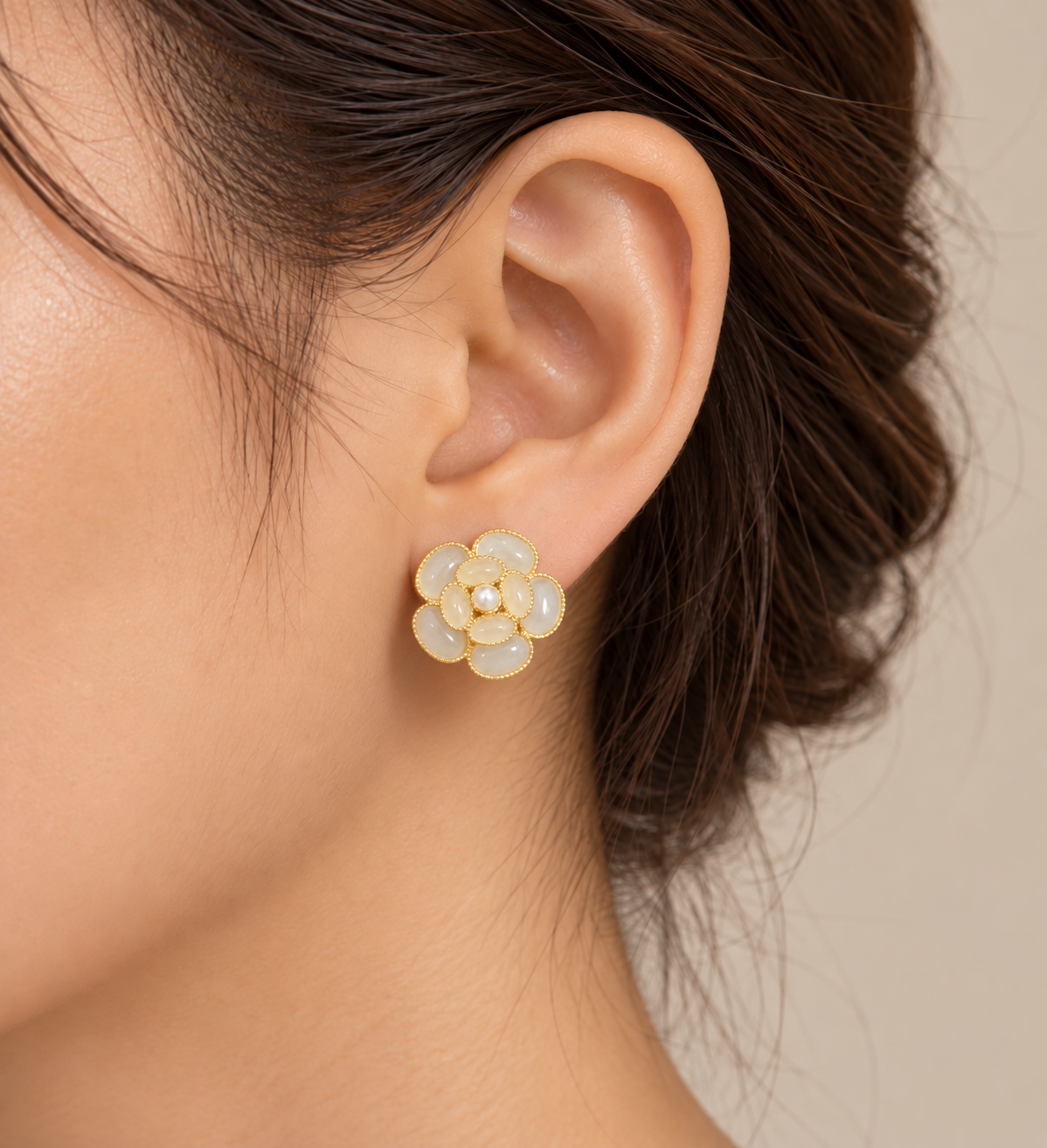 Camellia Jade Pearl Stud Earrings