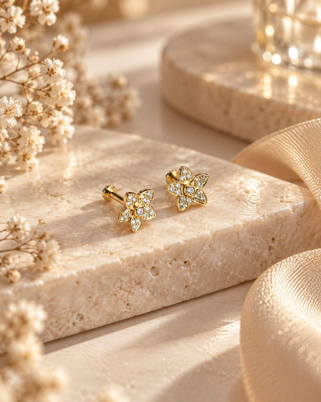 Fleurette Diamond Flatback earring in 18k yellow gold with pavé diamond five-petal flower design