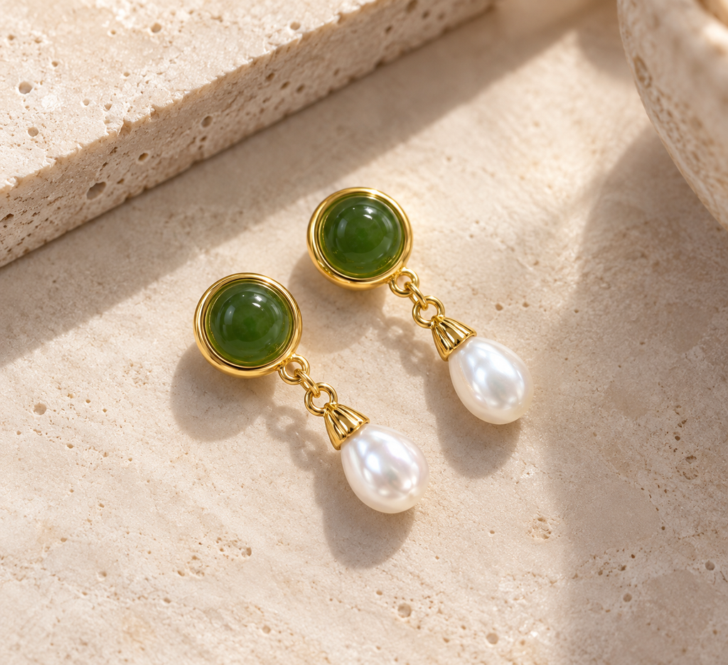 Sauge Jade Pearl Drop Earrings