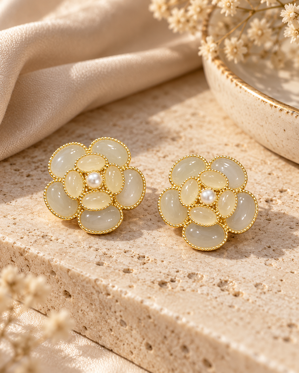 Camellia Jade Pearl Stud Earrings