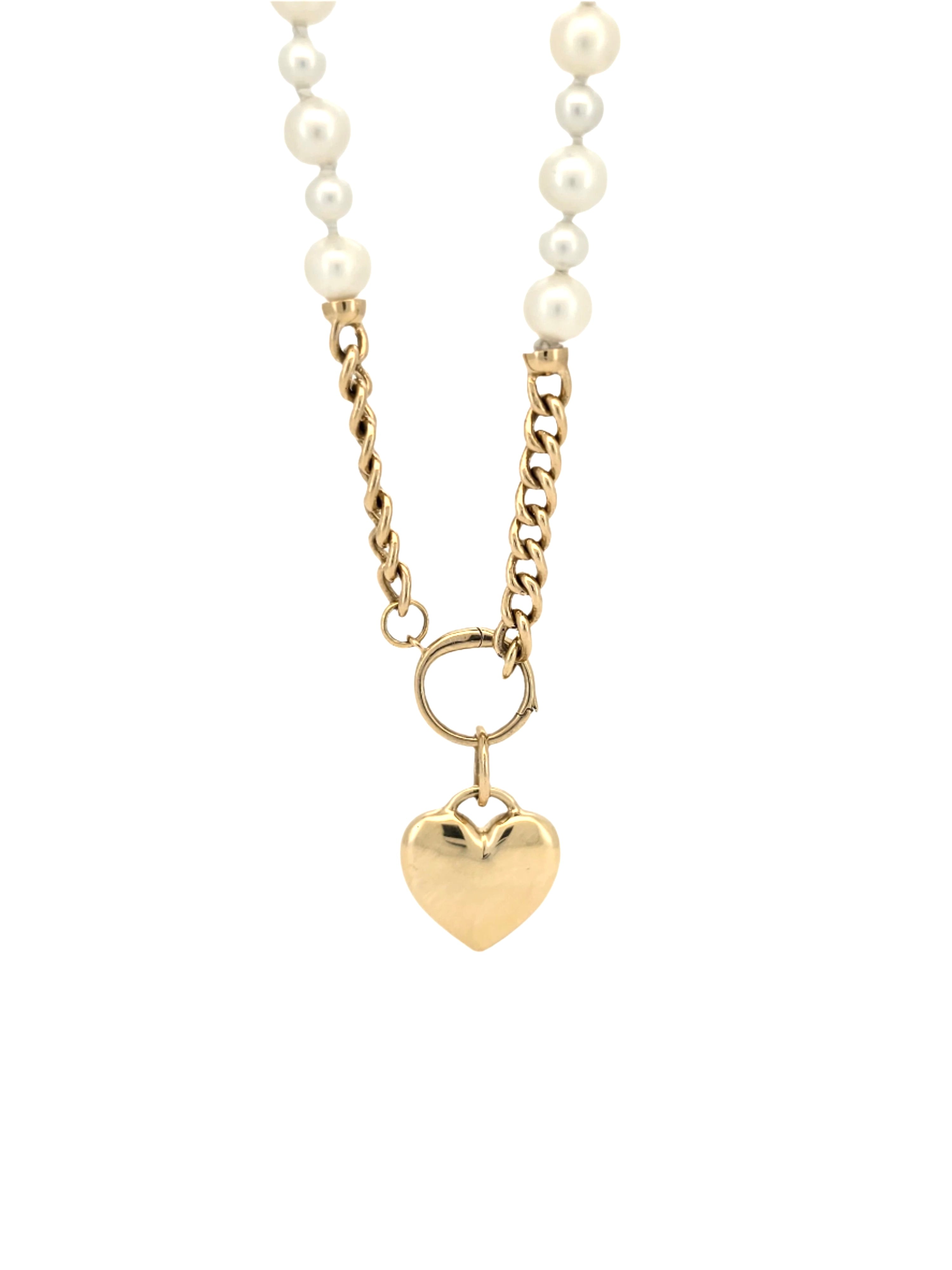 Heart & Pearl Chain Necklace in Solid Gold