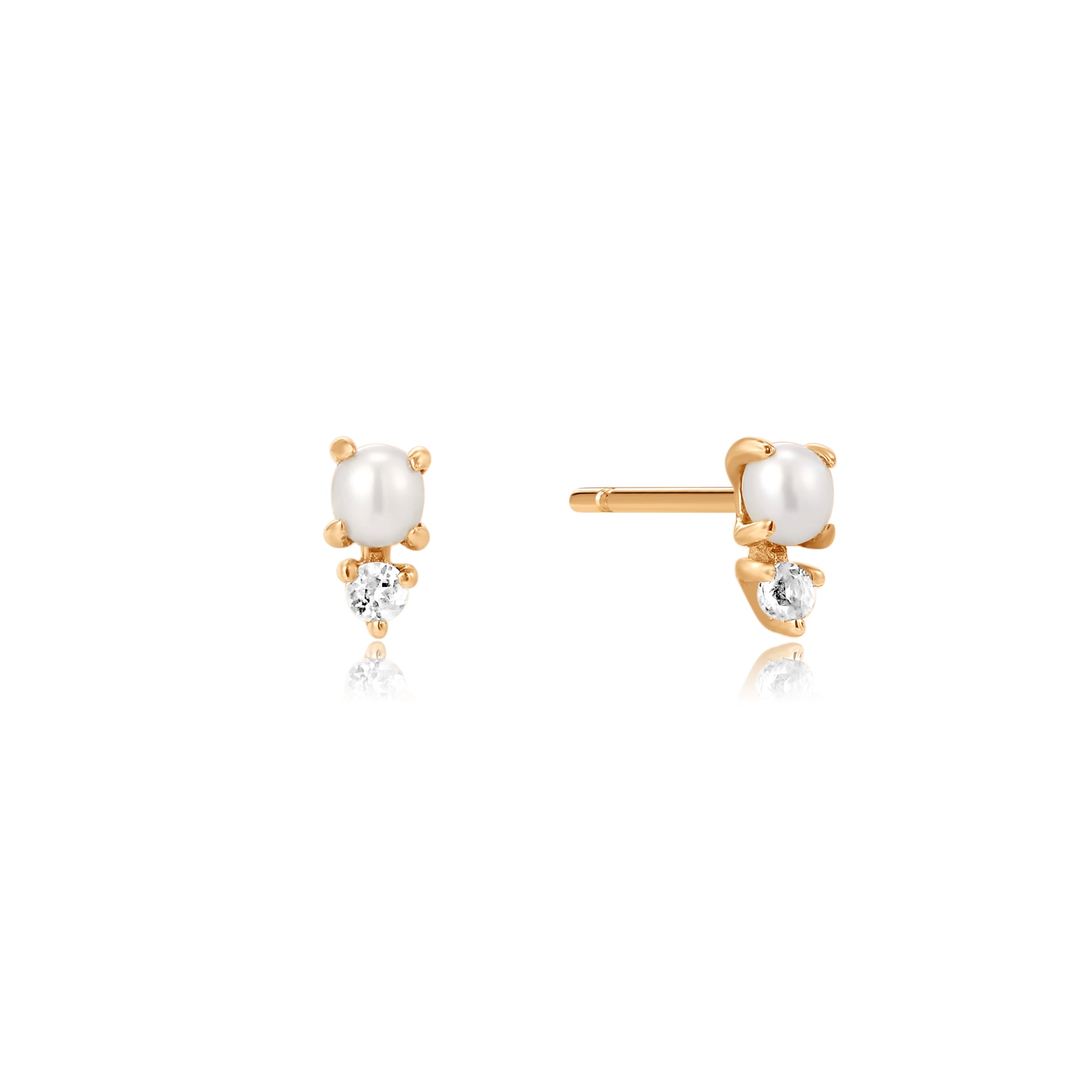 Lumi Two-Solitaire Pearl Stud Earring in Solid Gold