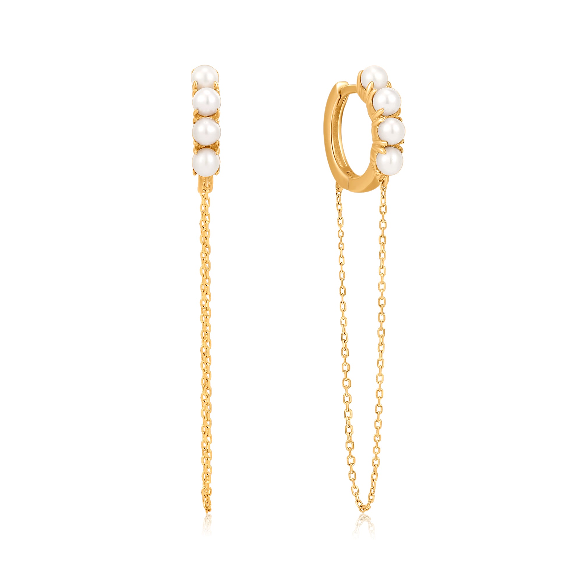 Shimmer Chain Pearl Huggie Earring in Solid Gold