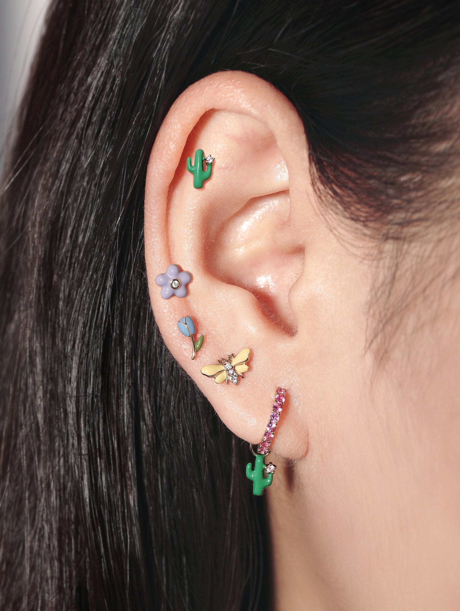 Cactus Enamel Stud Earring in Solid Gold