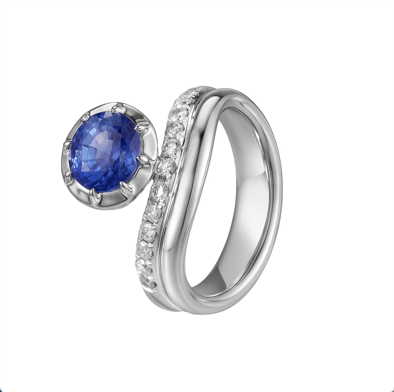 18k White Gold Blue Sapphire Ring with Diamonds