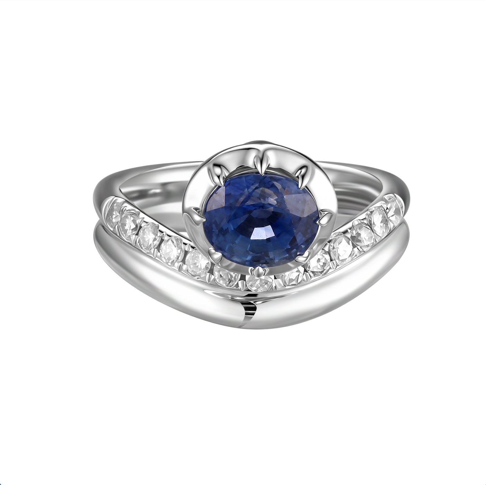 18k White Gold Blue Sapphire Ring with Diamonds