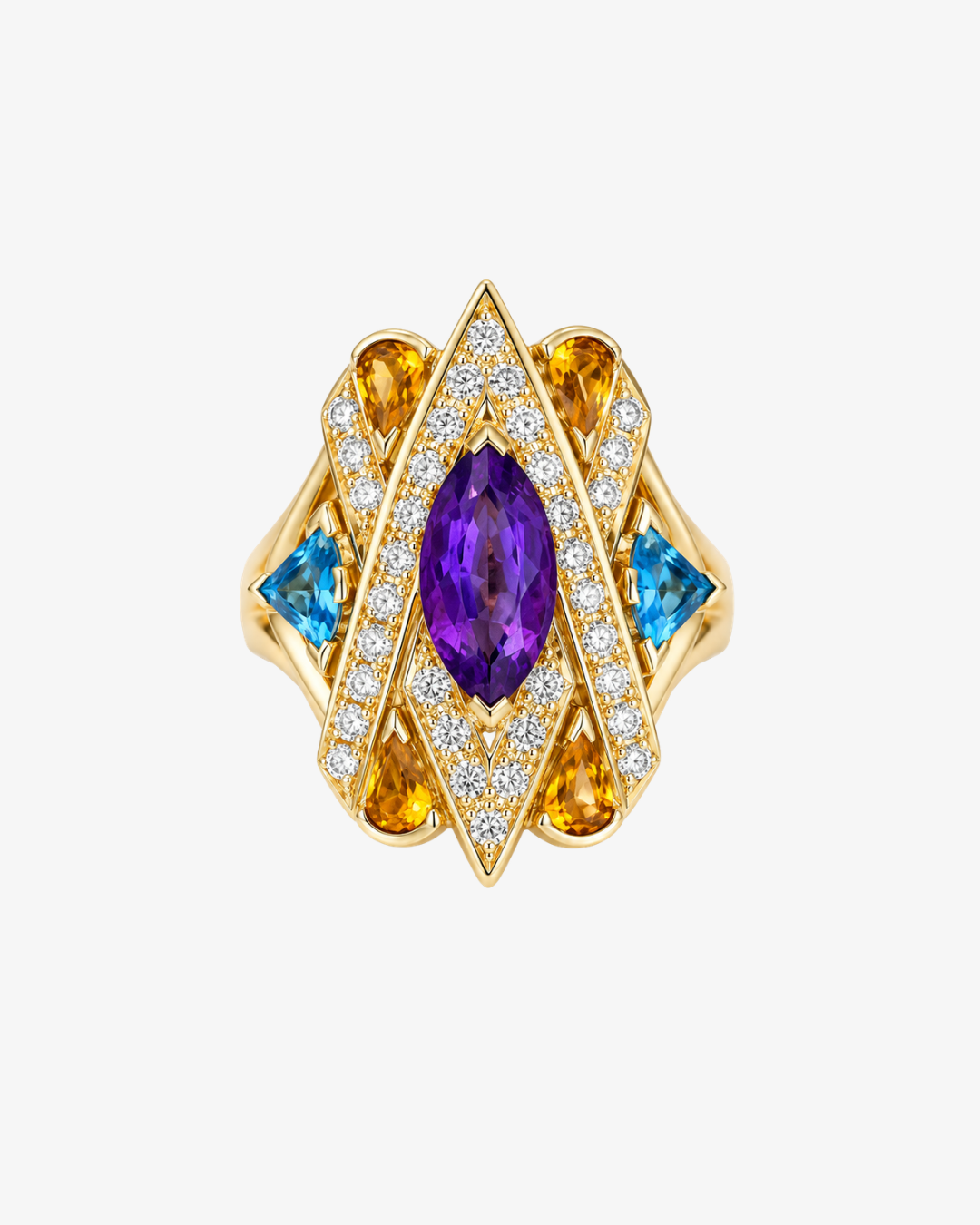 Carnival Gemstone Ring in 18k yellow gold with amethyst, blue topaz, citrine and diamond in Art Deco star setting