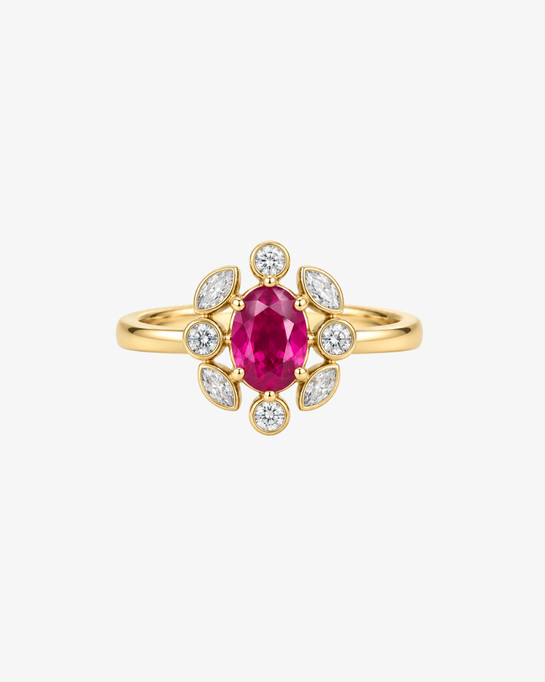 Rosace Ruby Ring in 18k yellow gold with oval ruby centre and marquise diamond flower halo